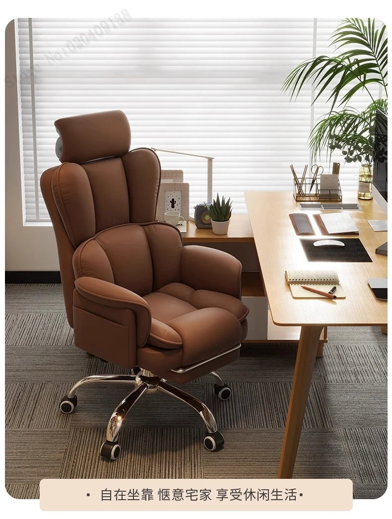 PU Leather Office Chair Ergonomic With Footrest — Caramel Brown | KIMLUD