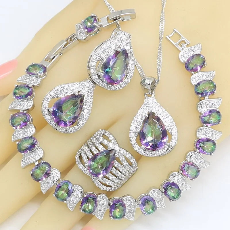 925 Stamp Jewelry Sets For Women Multi Color Rainbow Zircon Bracelet Hoop Earrings Rings Necklace Pendant Wedding Gift Box