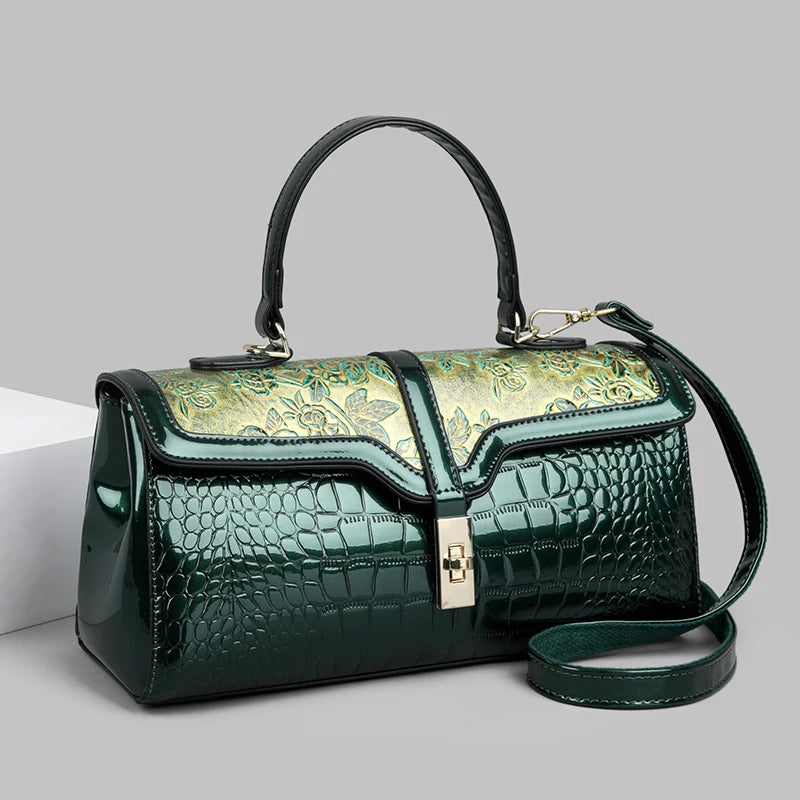 PU Crocodile Pattern Luxury Satchel Bag — Black | KIMLUD