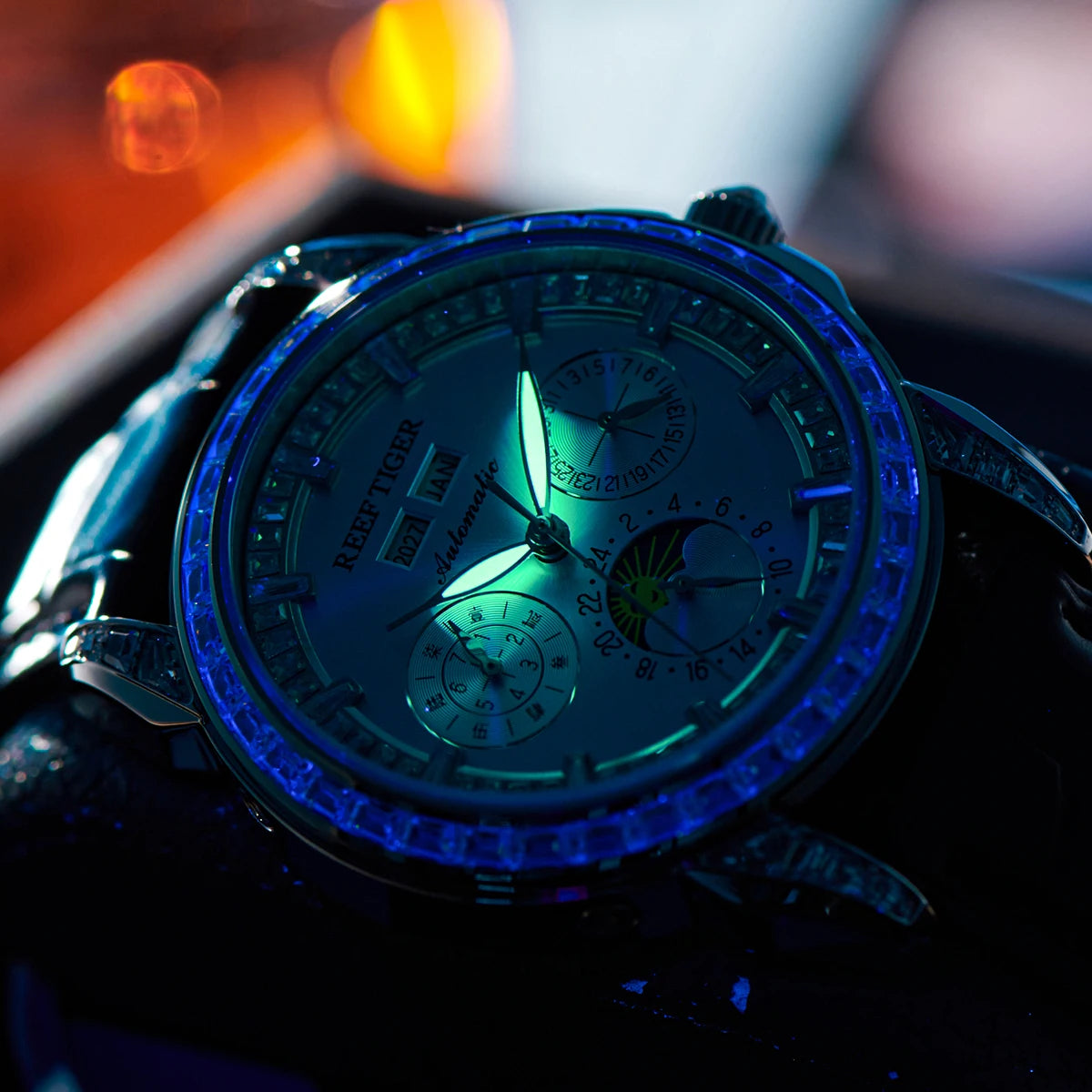Moonphase Automatic Watch Diamonds Bezel Leather Strap — Blue | KIMLUD