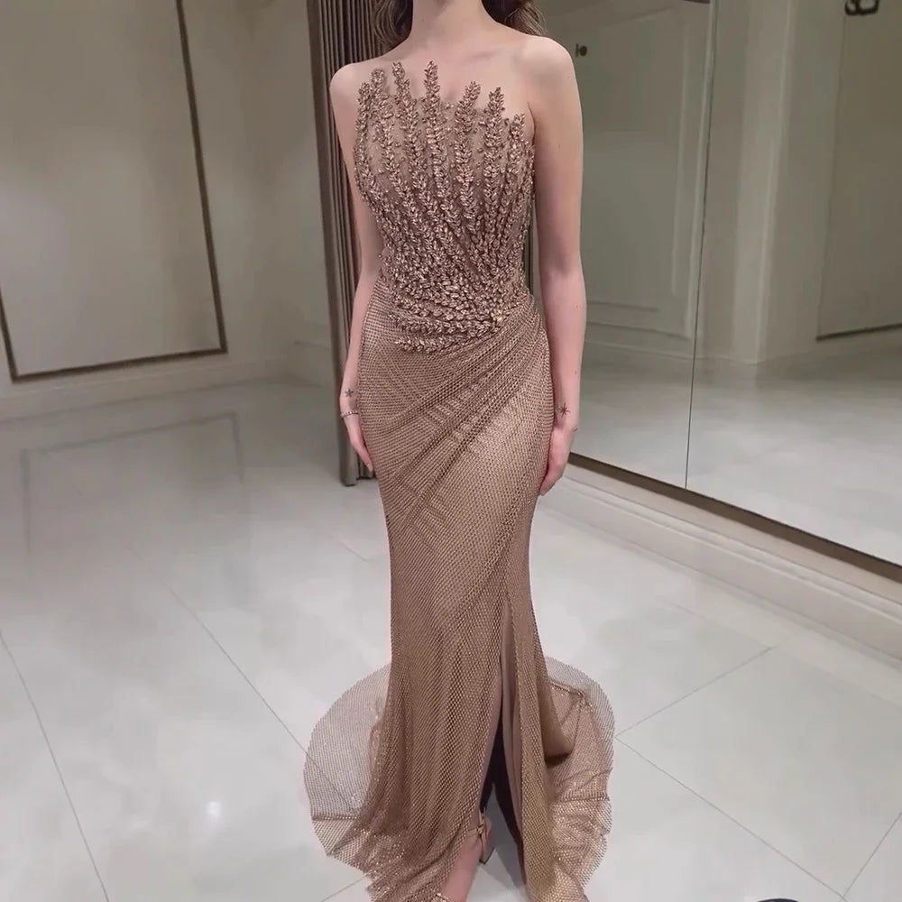 Sharon Said Stunning Crystal Dubai Caramel Mermaid Evening Dress with