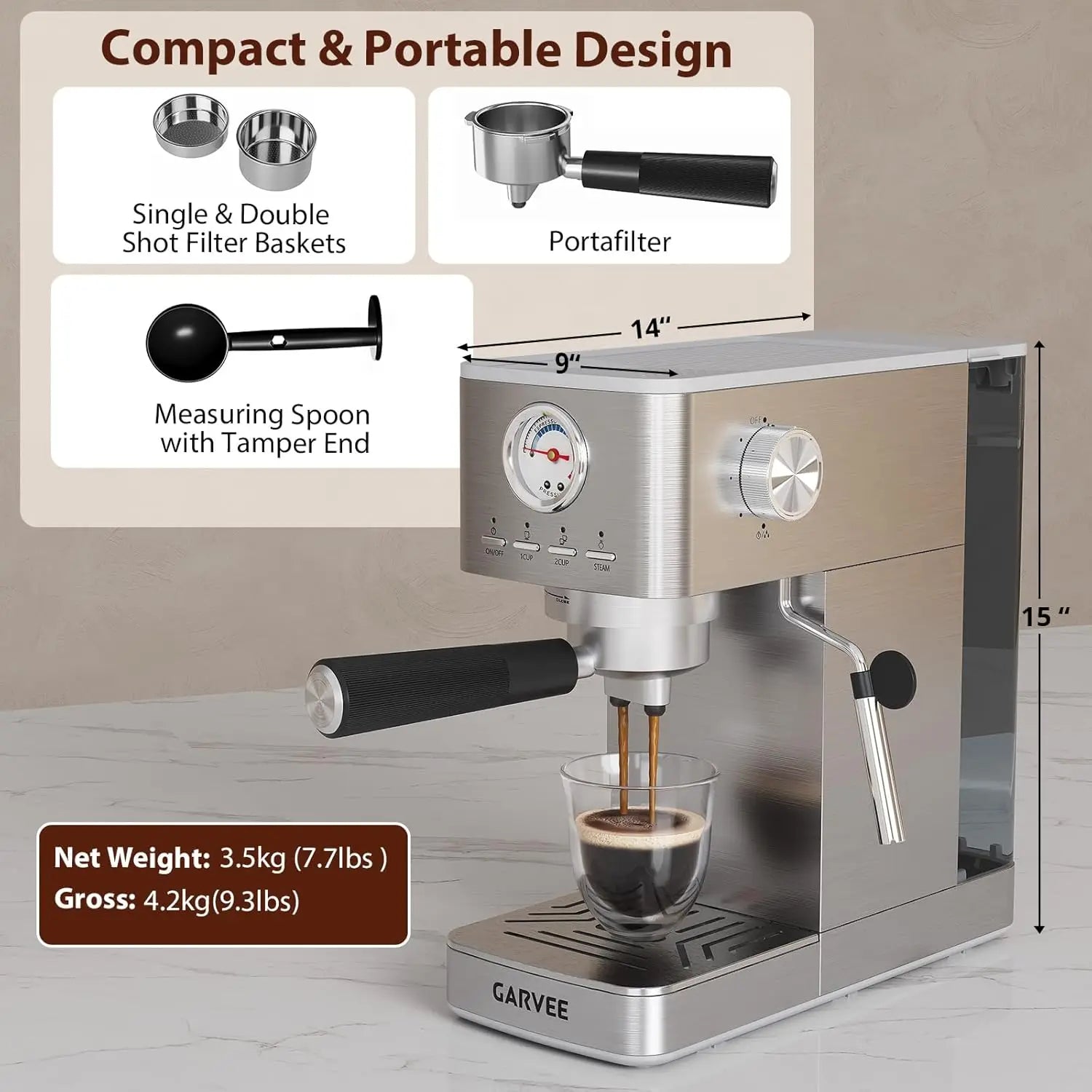 Espresso Machine – Compact Semi-Automatic – 1-2 Cups | KIMLUD