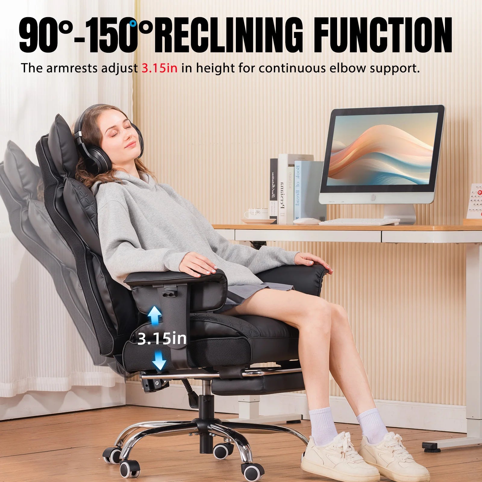 Genuine Leather Ergonomic Office Chair With Footrest And Adjustable Armrests — Black | KIMLUD