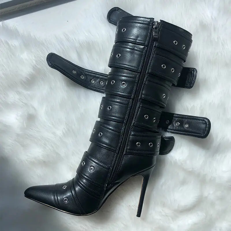 Onlymaker Women Pointed Toe Mid-Calf Boots Buckle Strap Thin High Heel Lady Zipper Female Stiletto Boots