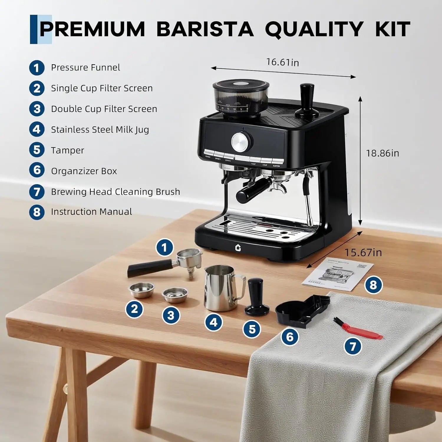 Espresso Machine – 15 Bar Pressure – With Milk Frother and Grinder – Plastic Housing | KIMLUD