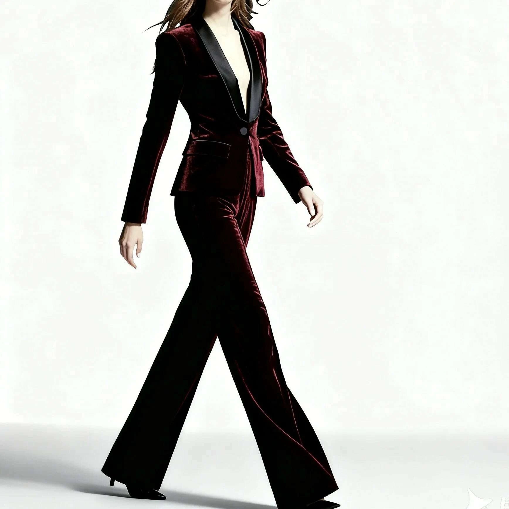 KIMLUD, Burgundy Velvet Women's suit 2 Pcs Shawl Lapel Blazer+Pants Velour Prom Suit Wedding Tuxedos Pant Sets, KIMLUD Womens Clothes