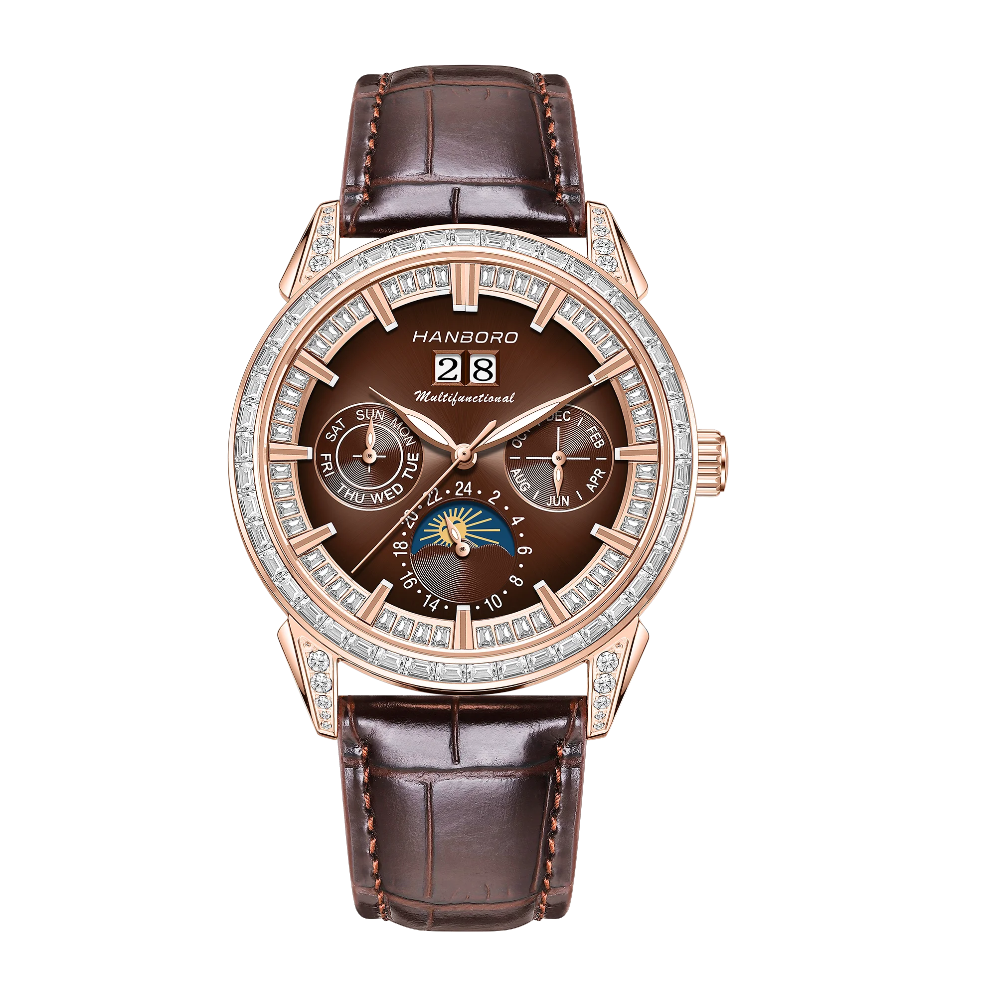 Diamond Pave Automatic Sports Watch With Calendar And Luminous Dial — Rose Gold | KIMLUD