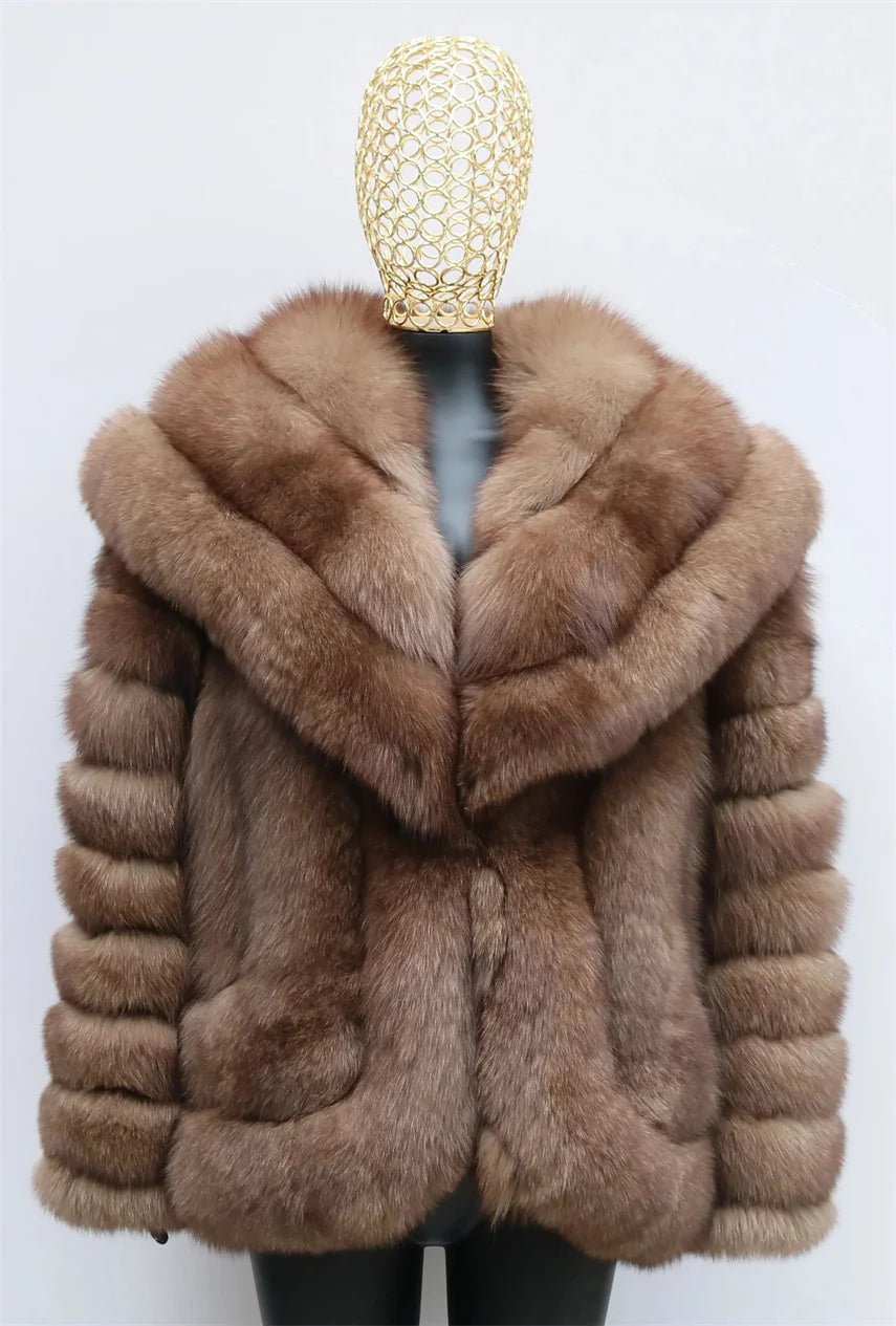 fox Fur Coat Red pink Women's Fox Fur Jacket with Big Shawl Collar Winter Outerwear Furry Elegant Fox Fur White Coat Mink Coat