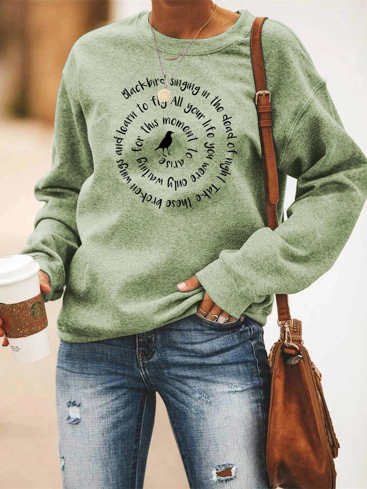 Women Crewneck Sweatshirt - Letter Print - Cotton Polyester - Black | KIMLUD
