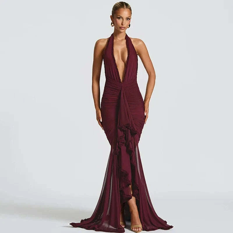 KIMLUD, Elegant High-End Flowy Tulle Maxi Evening Gown with Ultra-Deep V-Neck & Backless Design Sexy Allure, KIMLUD Womens Clothes