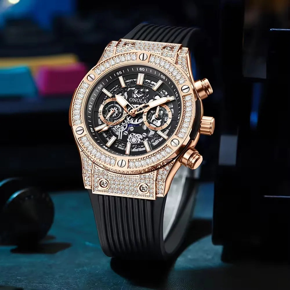 Diamond Dial Silicone Strap Automatic Watch — Black | KIMLUD