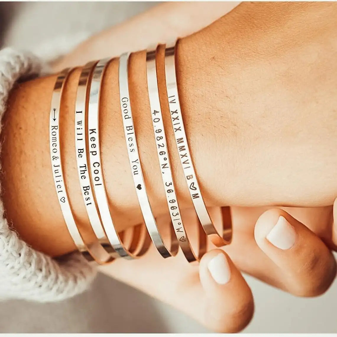 Stainless Steel Engraved Name Text Heart Cuff — Silver | KIMLUD