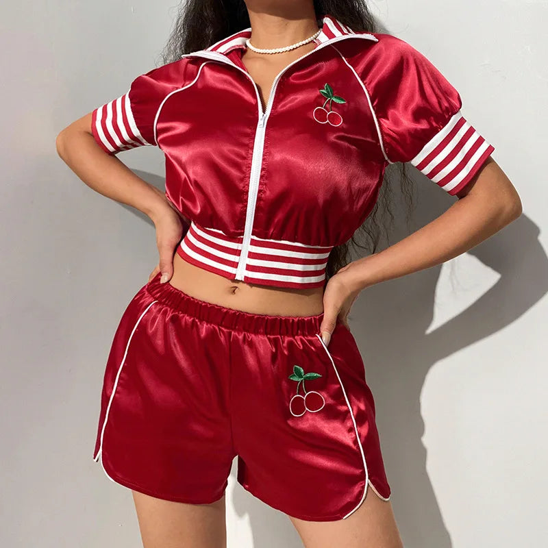 Hot Sale Women Tracksuit Fashion Cherry Embroidery Zipper Crop Top Two Pieces Short Set Sports Wear for Women