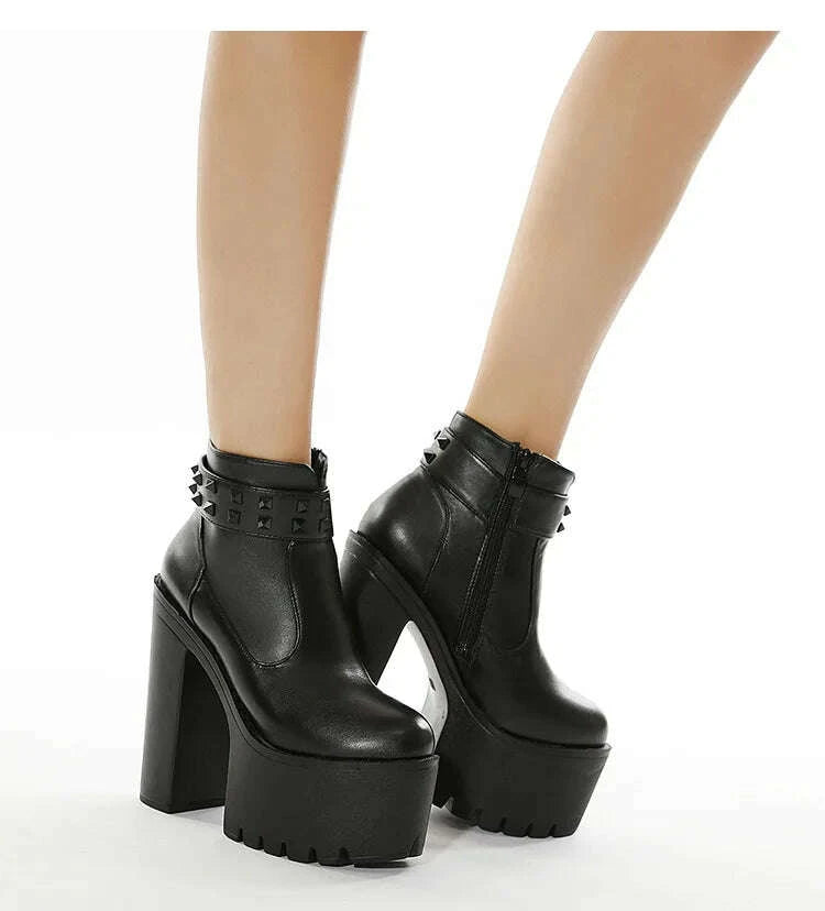 KIMLUD, Gothic Black Ankle Boots For Women Plus High Heel Female Shoes Lace-Up Nigh Club Black Sexy Rivets Short Bootsrd5, KIMLUD Womens Clothes