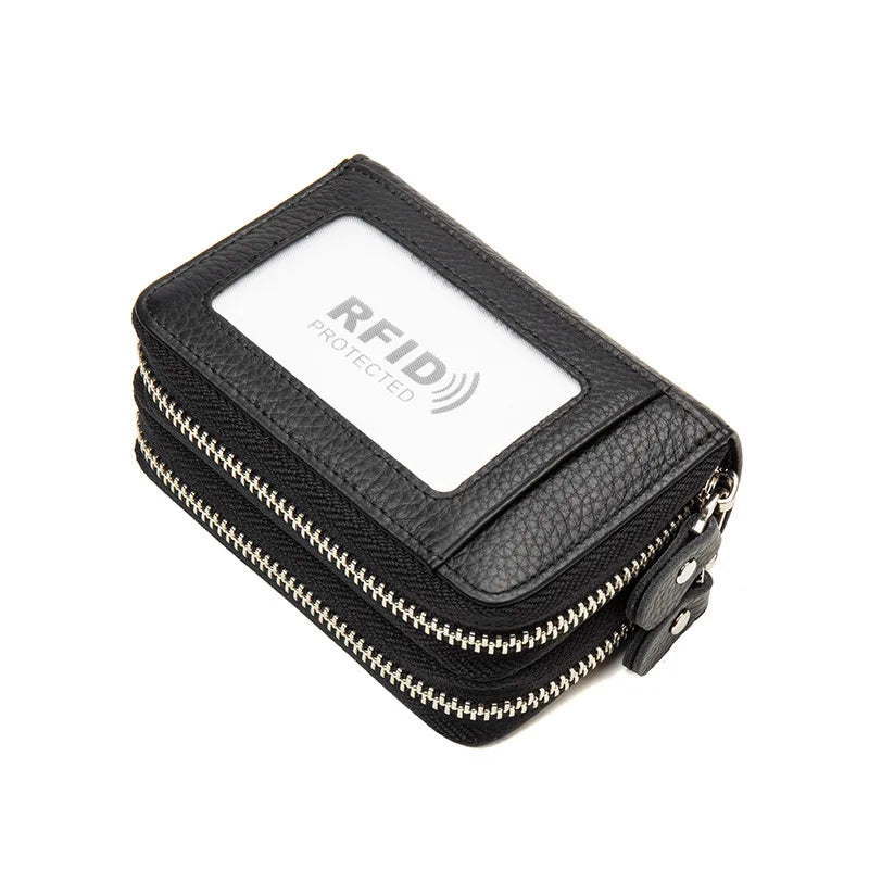 Genuine Leather Wallets RFID Blocking Double Zipper — Black | KIMLUD