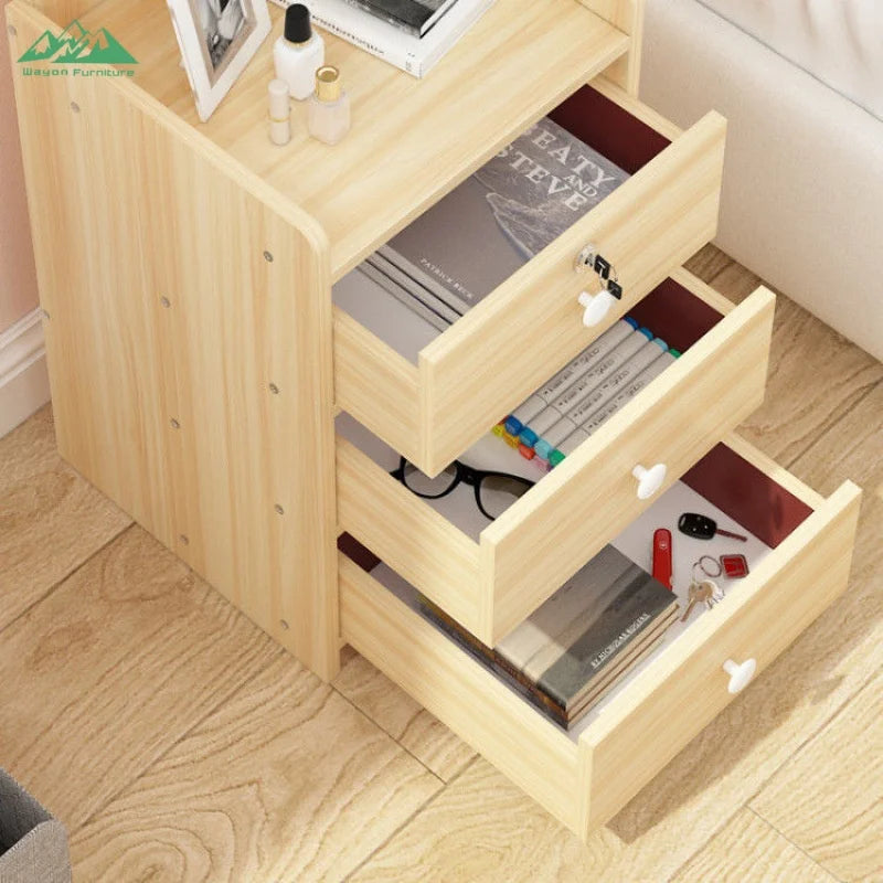 Solid Wood Bedside Cabinet With Lockable Drawers — Natural Light Wood | KIMLUD
