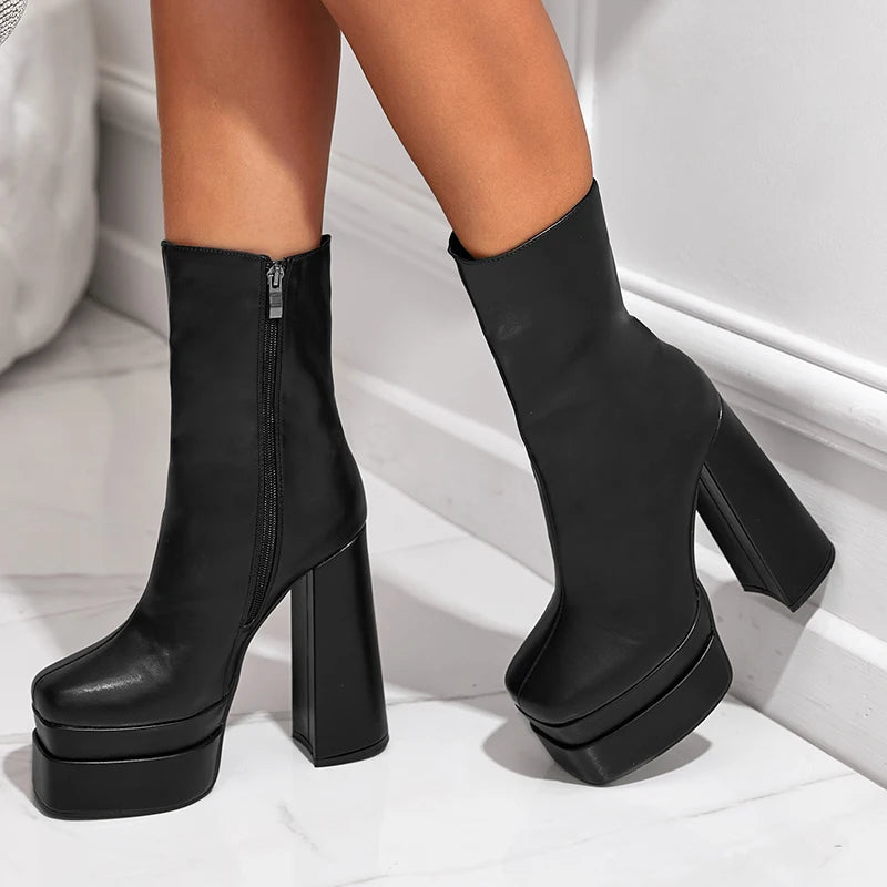 2023 Spot Supply Fashion Thick Heel Waterproof Platform Heightened Nude Boots Comfortable High Heel Ankle Boots