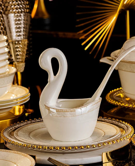 Bone China Tableware Set 60-Piece With Gold Hand-Painting — White | KIMLUD