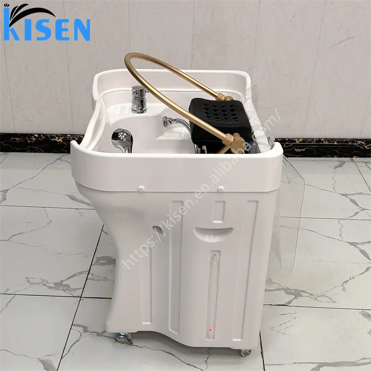 PU Leather Hair Washing Bed Integrated Basin On Wheels — White | KIMLUD