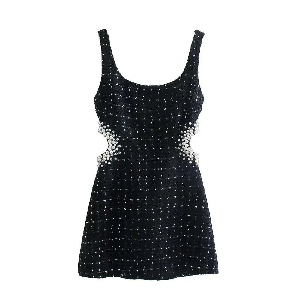 KIMLUD, XEASY Tweed Dress Women Sexy Bodycon Slip Dress For Women 2021 Vintage Black Casual Women Clothing Hollow Out Waist Mini Dresses, KIMLUD Womens Clothes