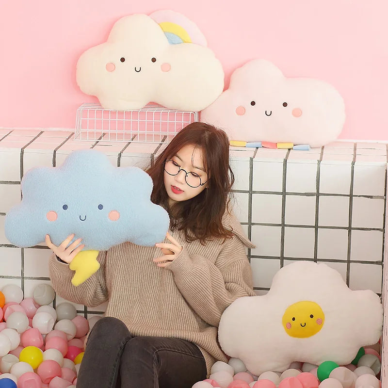 Cute Emotion Face Weather Pillow Stuffed Plush Thunder Dark Clouds Rainbow White Cloud Cushion Baby Bed Room Decor Home Decor