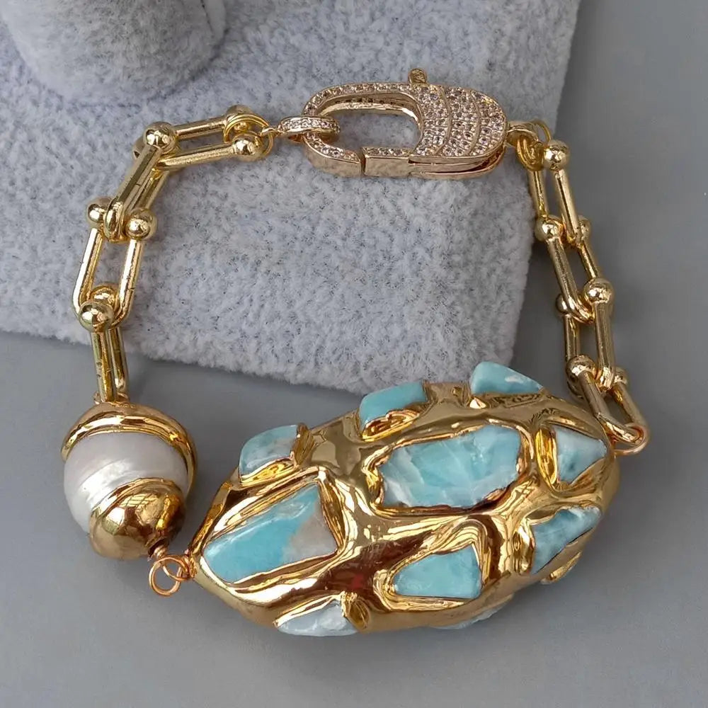 Gold Plated Chain Larimar Chips Bracelet — Blue | KIMLUD