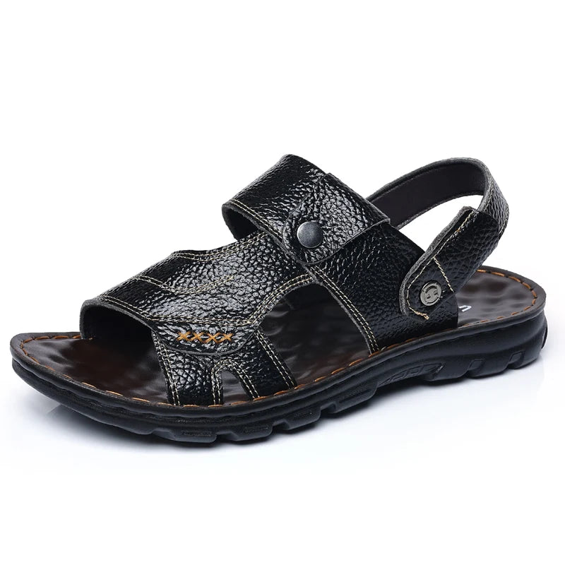 Split Leather Slide Sandals Open-Toe Slip-On Outdoor Summer Essential — Black | KIMLUD