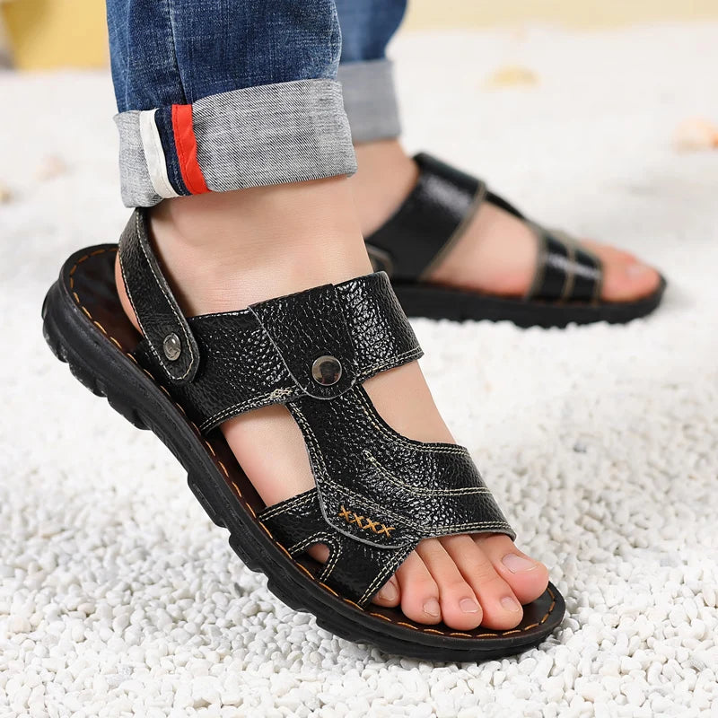 Split Leather Slide Sandals Open-Toe Slip-On Outdoor Summer Essential — Black | KIMLUD