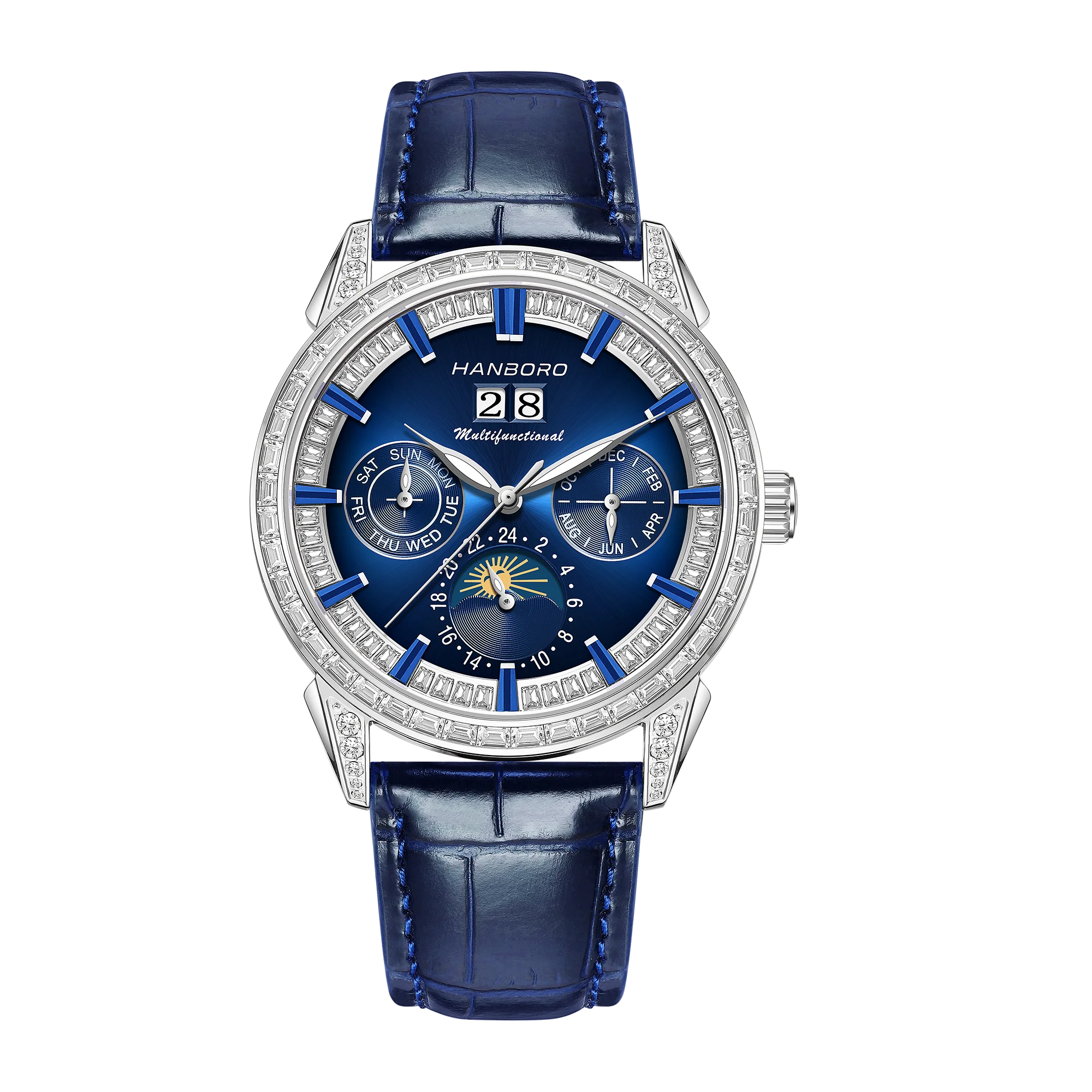 HANBORO Men's Luxury Automatic Mechanical Sports Watch Hollow Pointer Full Diamonds Calendar Luminous Stainless Steel