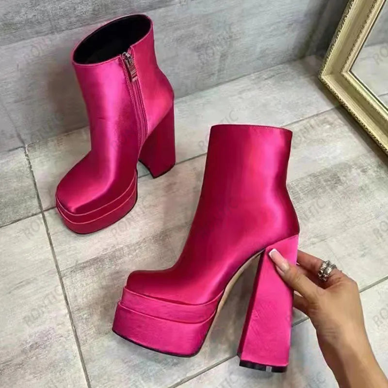 Rontic New Stylish Women Platform Ankle Boots Block Heels Square Toe Elegant Black Fuchsia Party Shoes US Size 4-13