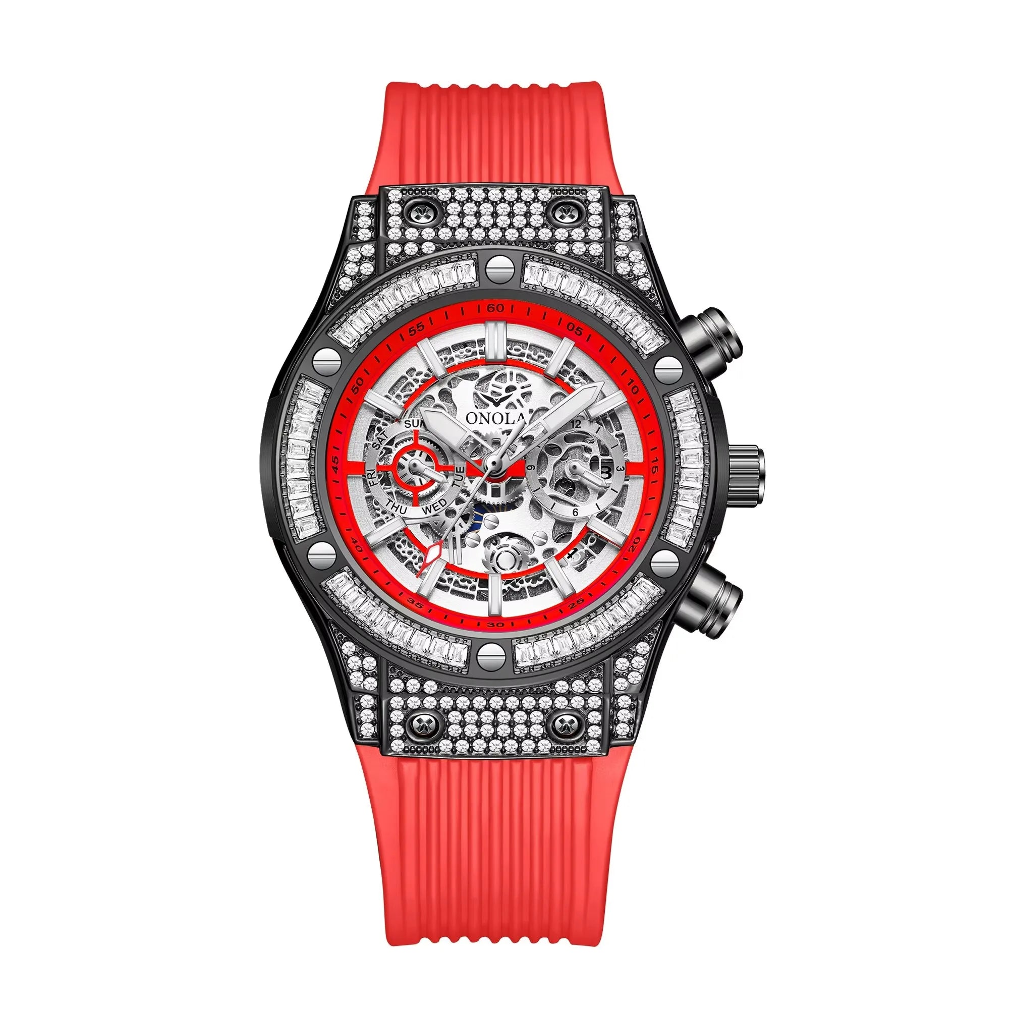Diamond Dial Silicone Strap Automatic Watch — Black | KIMLUD