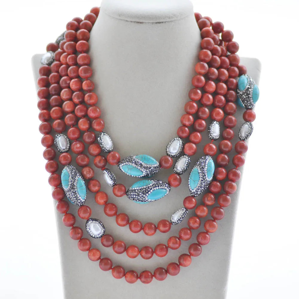 Z10316 100" Red Coral 30mm Turquoise Shuttle Pearl CZ Necklace