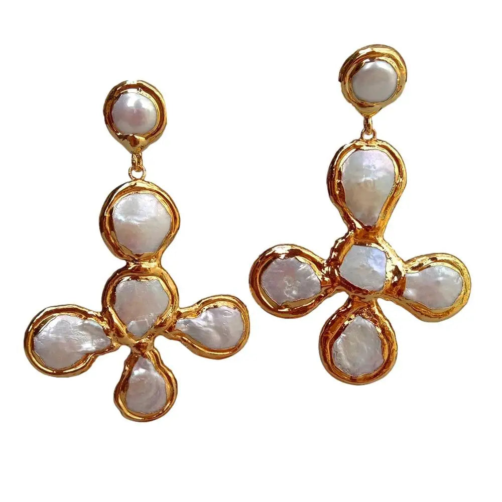 YYGEM Gold plated Cross shape Natural Freshwater Cultured White Coin Pearl Crucifix Drop Stud Earrings Fashion Jewelry For Gift
