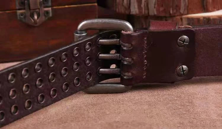 Studded Leather Belt Heavy Metal Style — Dark Brown | KIMLUD
