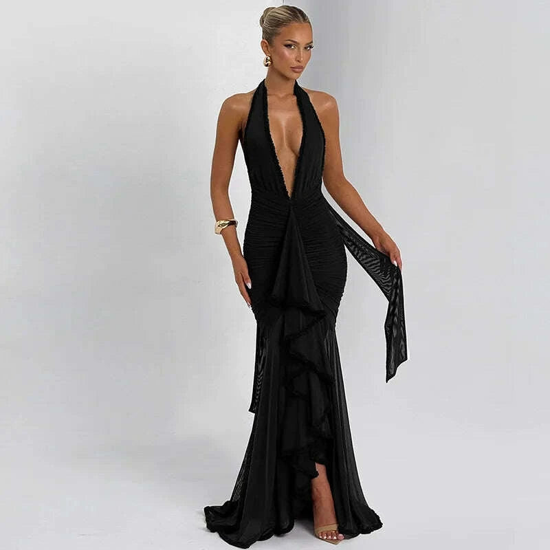 KIMLUD, Elegant High-End Flowy Tulle Maxi Evening Gown with Ultra-Deep V-Neck & Backless Design Sexy Allure, KIMLUD Womens Clothes