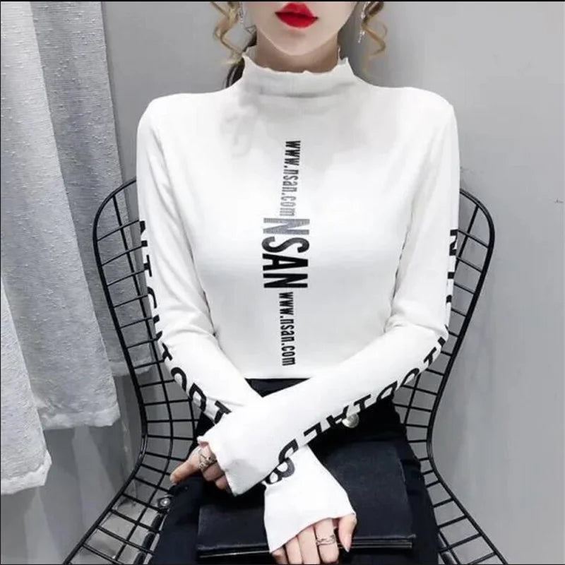 Turtleneck T-Shirt – Elastic Inner – Broadcloth – White | KIMLUD