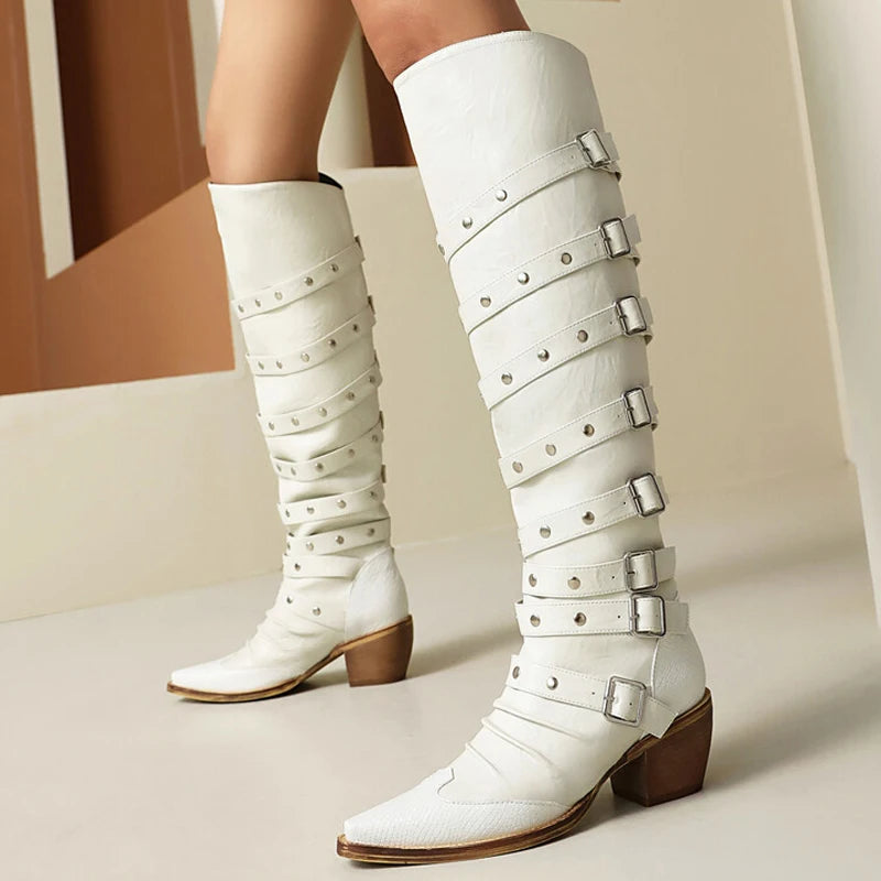 Western Buckle Wedge Boots — Saddle Brown | KIMLUD
