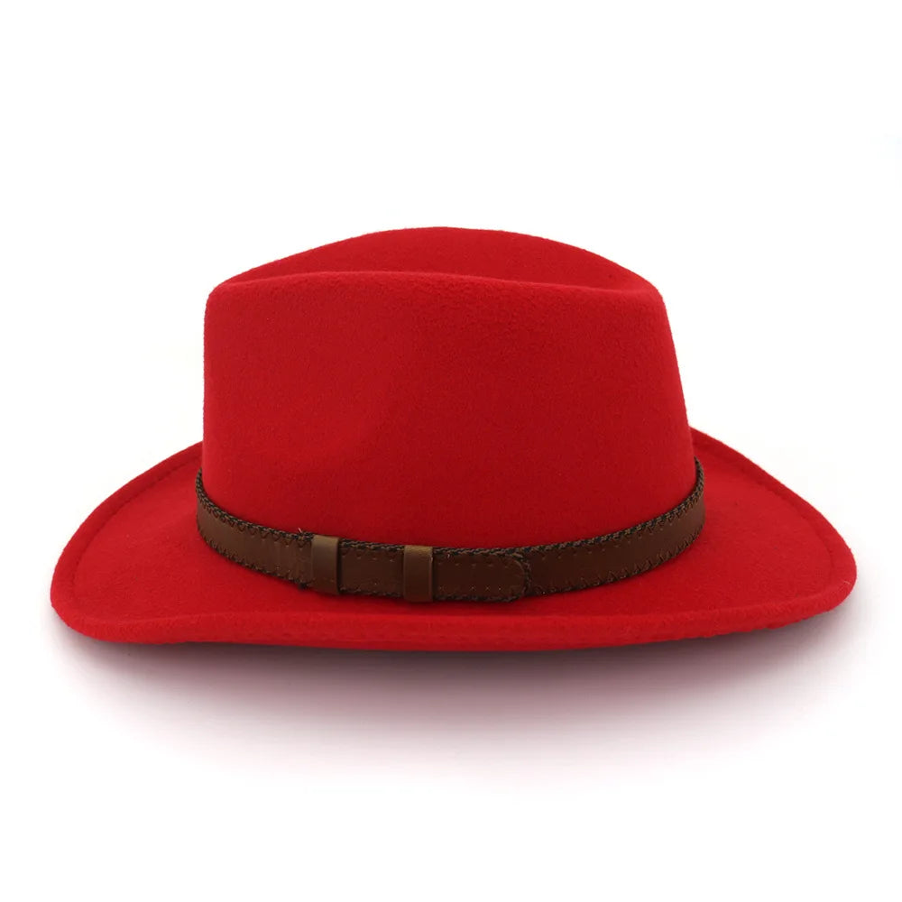 Wool Felt Cowboy Fedora Hat Wide Brim Leather Band — Dark Brown | KIMLUD
