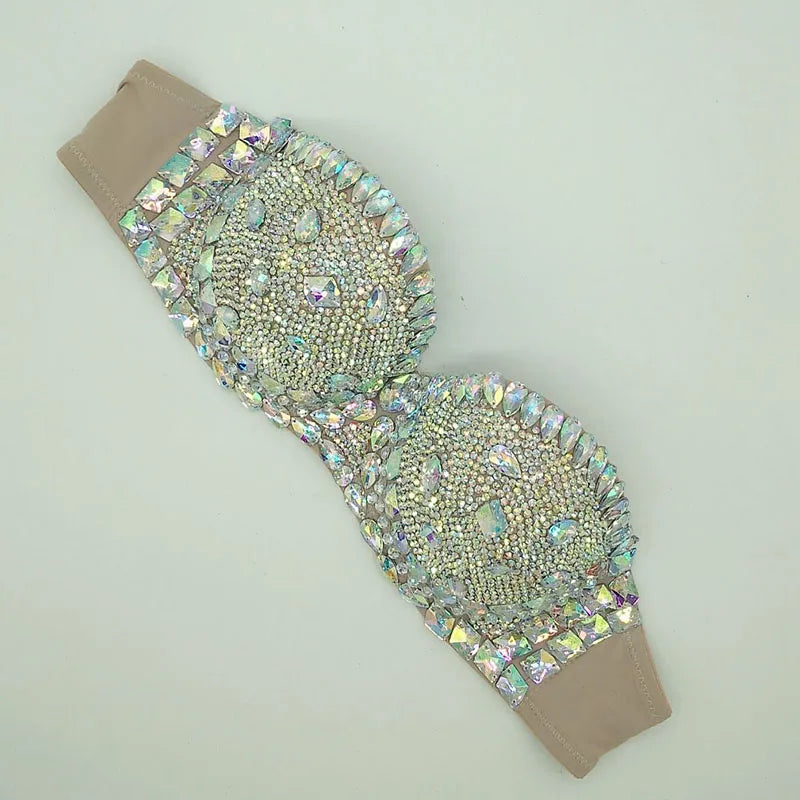 Diamond Bikini Top Push Up Rhinestone Embellished Contour Bandeau — Rose Pink | KIMLUD