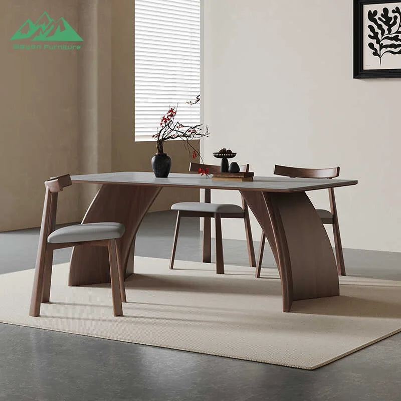 Solid Wood Dining Table Rectangular Form With Sculptural Curved Legs For Modern Homes — Natural Wood | KIMLUD