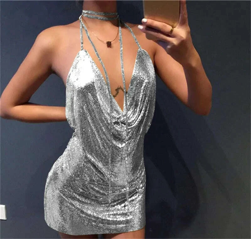 KIMLUD, Sexy Diamond Halter Metal Party Dress 2025 Gold Silver Summer Backless Sequin Women's Dropshipping Fashion Vesitos, KIMLUD Womens Clothes