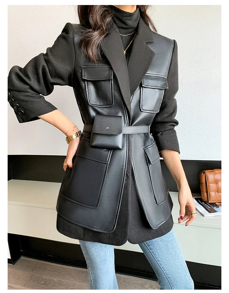 Patchwork Leather Jacket – Pockets – Faux Leather PU – Black | KIMLUD