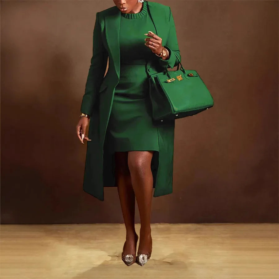 Fashion Ladies Suits Office Wear Two Piece Set Women Clothing Long Blazer Inner Dress Set Two Piece Blazer Set Outfits for Women