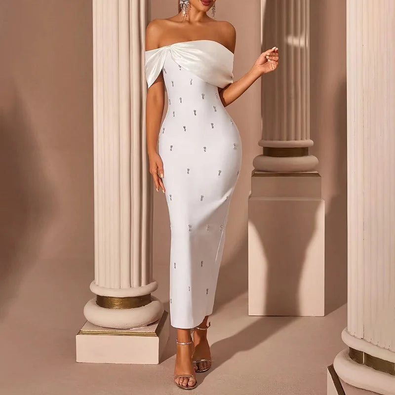 French Strapless Diamond Tube Top Floor-Length Bodycon Dress — White | KIMLUD