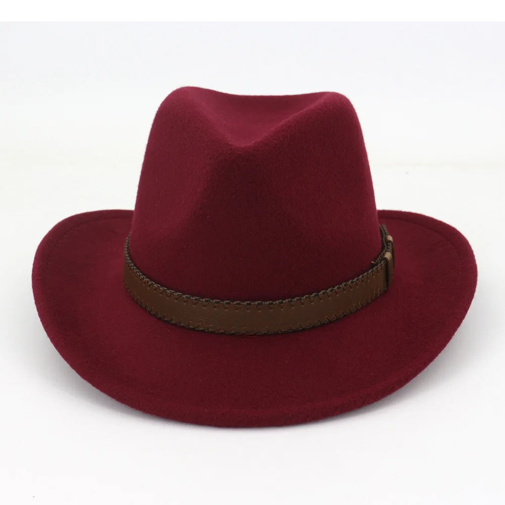 Wool Felt Cowboy Fedora Hat Wide Brim Leather Band — Dark Brown | KIMLUD