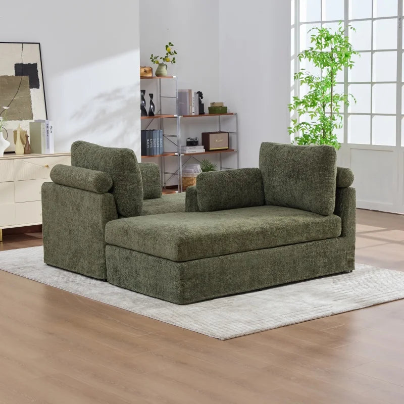 Chenille Upholstery Sofa Bed With Cushions And Metal Legs For Refined Living Rooms — Olive | KIMLUD