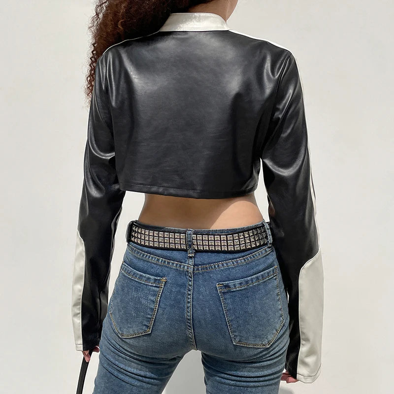 Darlingaga Streetwear Punk Style Patchwork Cropped PU Leather Jacket Women Zipper Autumn Winter Jacket Contrast Color Basic Coat
