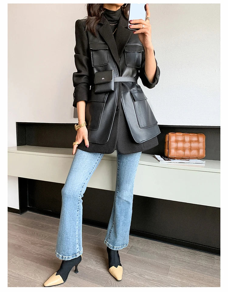 Patchwork Leather Jacket – Pockets – Faux Leather PU – Black | KIMLUD
