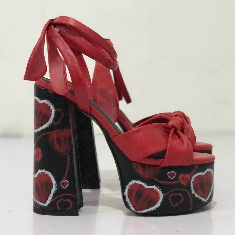 Microfiber Platform High Heel Sandals With Bow — Red | KIMLUD