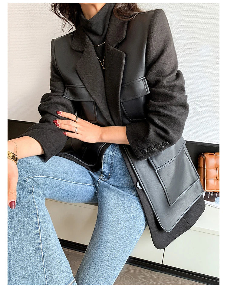 Patchwork Leather Jacket – Pockets – Faux Leather PU – Black | KIMLUD